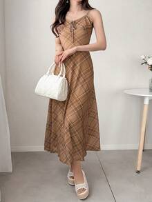 FRIFUL 网眼格纹吊带背心，腰部喇叭下摆，休闲百搭连衣裙 - 棕色 - 查看 3
