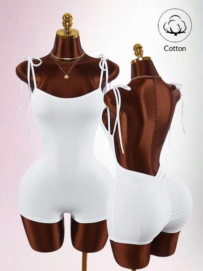 Amplova Tight Strap Ruched Backless Fitted Jumpsuit With Cotton, Sexy Casual Beach Romper