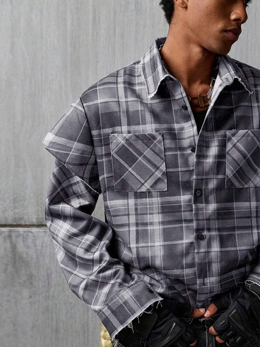 NEON BLANC Camisa casual de hombre de un solo pecho a cuadros, versátil para uso diario - Gris - Ver 1