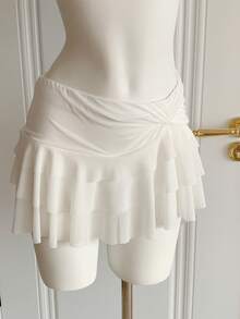 SHEIN EZwear Falda de corte asimétrico con cintura fruncida - Blanco - Ver 4