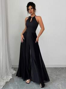 Elenzga petite 女士优雅度假风黑色露背系带V领镂空收腰显瘦薄纱拼接连体裤 - 黑色 - 查看 3