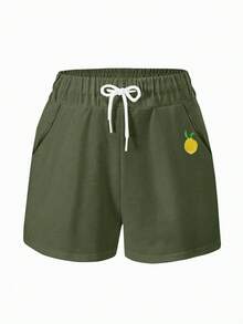 Airaco Plus Size Summer Casual Lemon Embroidery Round Neck Short Sleeve T-Shirt And Shorts 2-Piece Set - Army Green - View 4