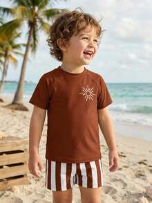 SHEIN Young Boy Classic Striped Sun Pattern Swimsuit Set,Slim Fit Round Neck Short Sleeve Shirt & Shorts,Fashionable Summer,Beach,Holiday Swimming Outfit - Brown - View 5