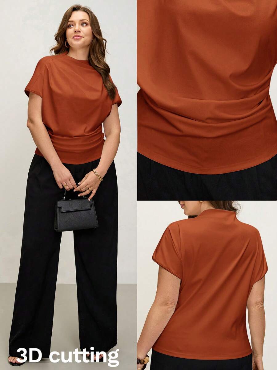 Comfylo Plus Size Elegant Solid Color Pleated Fitted Blouse Basic Tops For Women Asymmetrical Latest New Arrivals Business Casual Modern - Brown - View 1
