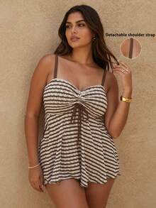 SHEIN Swim Curve 2026 Nouveau Bikini grande taille rayé marron et blanc avec Top tube texturé à bretelles amovibles, Top à taille élastique et ourlet irrégulier assorti à un bas triangle taille haute. Ensemble de plage élégant et décontracté chic amincissant - Multicolore - Voir 3