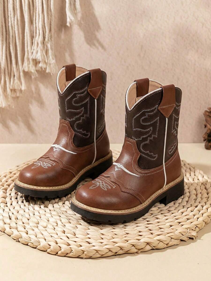 Bota Vaquera De Piel Para Niño Estilo Rodeo Bordada - Marrón - Ver 1