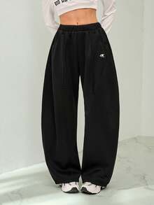 SHEIN Tall 女士秋冬街头风返校学院风休闲保暖舒适法式黑色弹力腰带弧形裤脚长裤，黑色长裤 - 黑色 - 查看 11