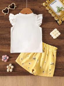 SHEIN BABAGIRL Summer Cute White Camisole With Flutter Sleeves,Whimsical Graphic Pattern,Matching Bowknot Outfit For Vacation & Daily Outings - Yellow - View 2