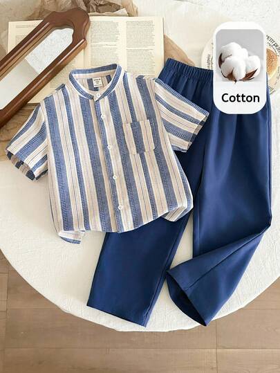 LMoss Kids 两件套女童条纹衬衫和纯色裤子套装