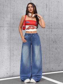 SHEIN Tall Quần jeans nữ ống rộng, cạp chun, có túi, dáng rộng, thoải mái, kiểu dáng thường ngày. - Màu xanh lam - Xem 3
