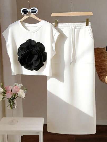 Franclia 女士夏季短袖宽松3D印花白色上衣和白色直筒长裙简约通勤休闲两件套