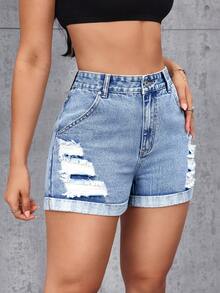 SHEIN Tall Women's Casual Washed Distressed Denim Shorts, Summer - Blue - View 3