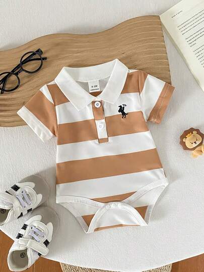 SHEIN Playful Pals Toddler Infant Baby Boys Summer Short Sleeve Lapel Romper, Ribbed Lapel Design Comfortable Fit, Non-Deformable, Classic Blue And White Striped Pattern, Simple And Generous, Front Button Opening, Open Crotch Design For Easy Dressing, Embroidered Horse Riding Graphic On Chest, Exquisite And Cute, Suitable For Christening, Wedding, Party, Formal Occasions, Photography, Vacation, School, Cocktail Party, Birthday And Daily Wear.