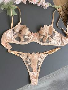 Women's Embroidered Mesh Bow Decor Sexy Lingerie Set - Champagne - View 3