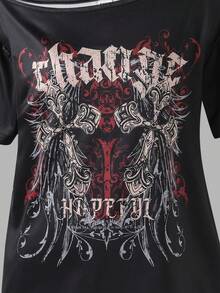 Sparklyn 少女休闲不对称领口交叉印花T恤，夏季 - 黑與白 - 查看 6