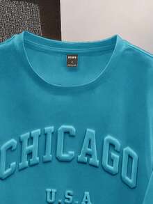 Manfinity Joysei Camiseta ajustada de manga corta con letras en relieve de color azul lago para hombres - Agua verde azul - Ver 3