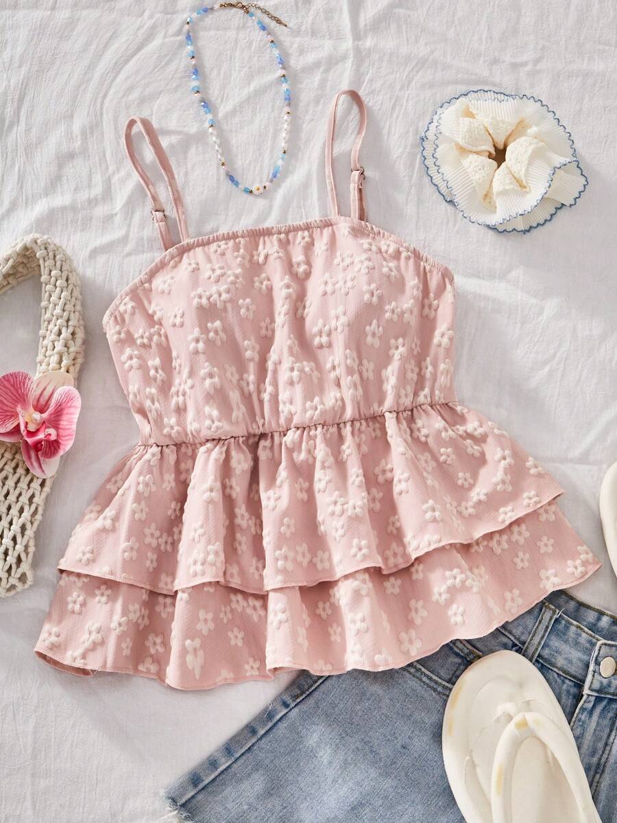 Sparklyn Áo kiểu dáng rộng rãi, thoải mái dành cho bé gái tuổi teen, kiểu áo hai dây, chất liệu độc đáo, thêu hoa 3D màu vàng, viền bèo nhún đôi, kiểu dáng mùa xuân/hè tươi mát, đa năng. - Hồng - Xem 1