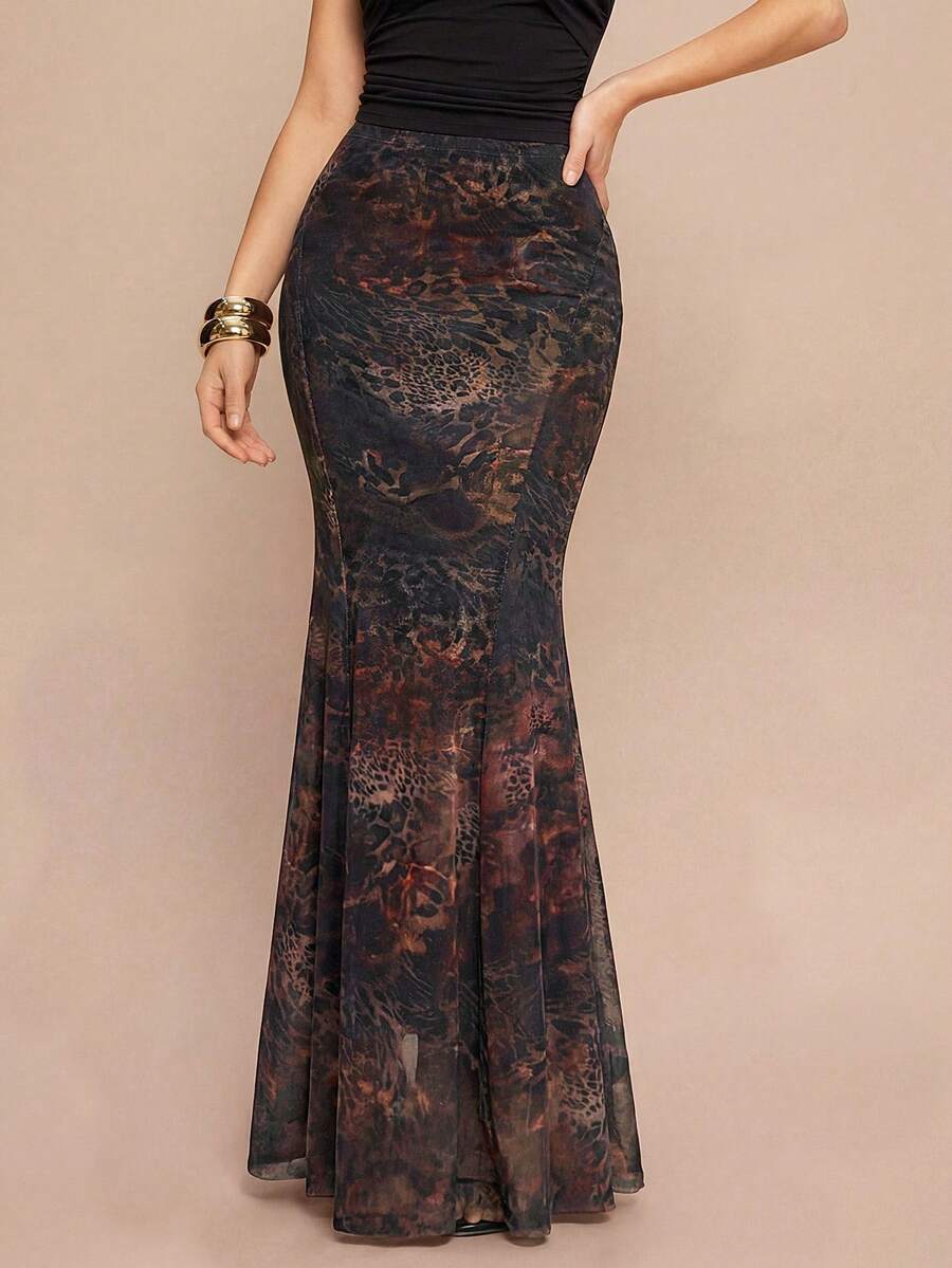 Leighera Women's High Waist Leopard Print Flared Maxi Skirt, Suitable For Spring, Summer, Autumn And Winter - Brown - View 1