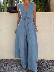 DAZY Bộ đồ denim dài dáng suông cổ chữ V buộc dây kiểu dáng nghỉ mát dành cho nữ mùa hè - Màu xanh lam - Xem 5