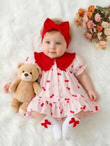 SHEIN Newborn Cute Cartoon Heart Pattern Suspender Bow Decor Princess Dress, Suitable For Spring/Summer Outings, Vacations And Parties - Brown - View 3