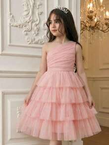 SHEIN Girlism Tween Girl 优雅粉色闪光网眼荷叶边不对称肩部连衣裙 - 彩色 - 查看 2