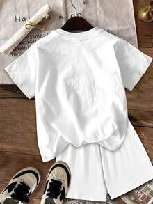 Set de 2 piezas de camiseta y pantalones cortos con estampado de personajes de dibujos animados para niña, adecuado para el verano - Multicolor - Ver 4