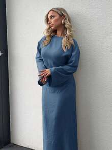 Jeta Ari Women's Elegant Ruched Flare Sleeve Solid Color Fitted Dress, Spring/Autumn Winter Party Evening Dress Blue - Blue - View 5