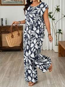 EMERY ROSE Plus Size Round Neck Loose Contrast Color All-Over Print With Pocket 2 Pieces Set, Casual Summer Gym Brown - Blue and White - View 8
