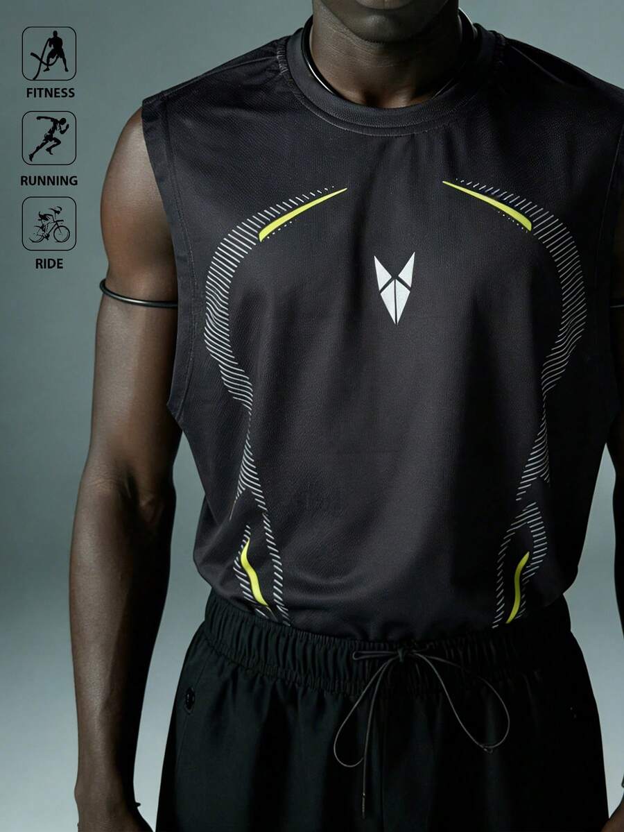 Acti Log 男士几何印花休闲健身运动背心 - 黑色 - 查看 1