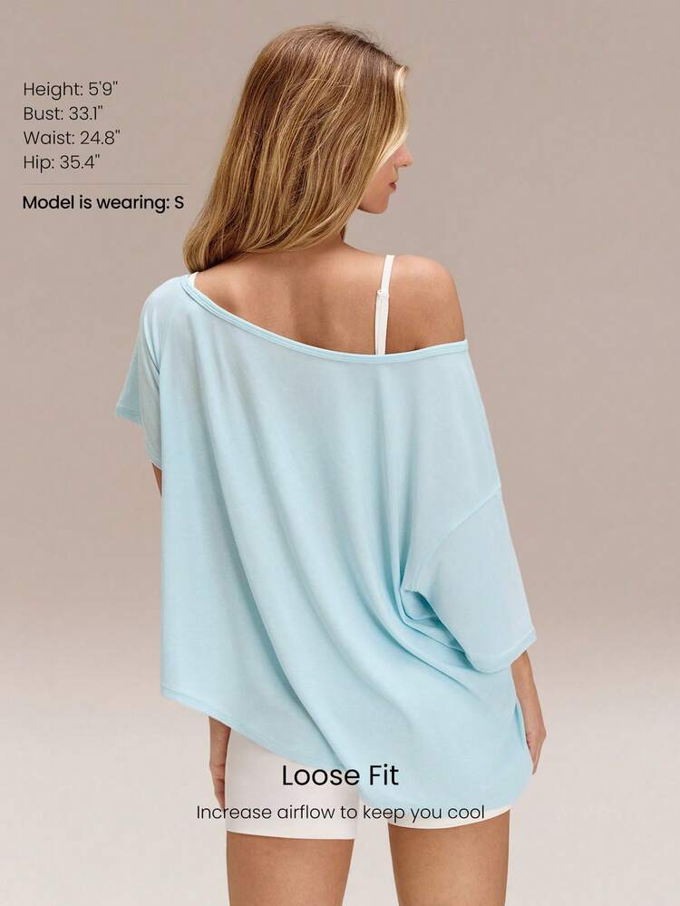 Modal Silky Smooth Asymmetrical Hem Off-Shoulder 3/4 Sleeve Active Tee T-Shirt Daily Casual Wear
