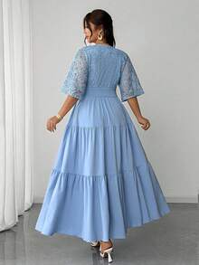 Elenzga 大码女式撞色蕾丝半袖系带优雅连衣裙 - 藍色 - 查看 2