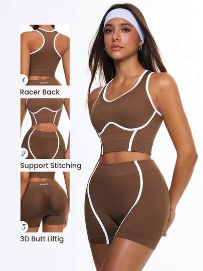 Glamine Women's Brown Seamless 2 Piece Set, Sports Bra Crop Top And High Waist Biker Shorts, White Contrast Trim, Stretchy Ribbed Workout Yoga Gym Activewear, Brown Workout Sets Women, Athletic Two Piece Set, Brown Sports Bra And Shorts Set, Brown Athletic Set, Brown Activewear Set