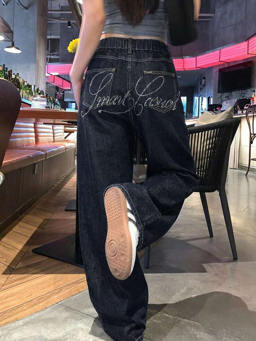 DAZY Teen Girl Pocketed Button Letter Graphic Casual Versatile Daily Wear Wide Leg Jeans - Blue - View 1