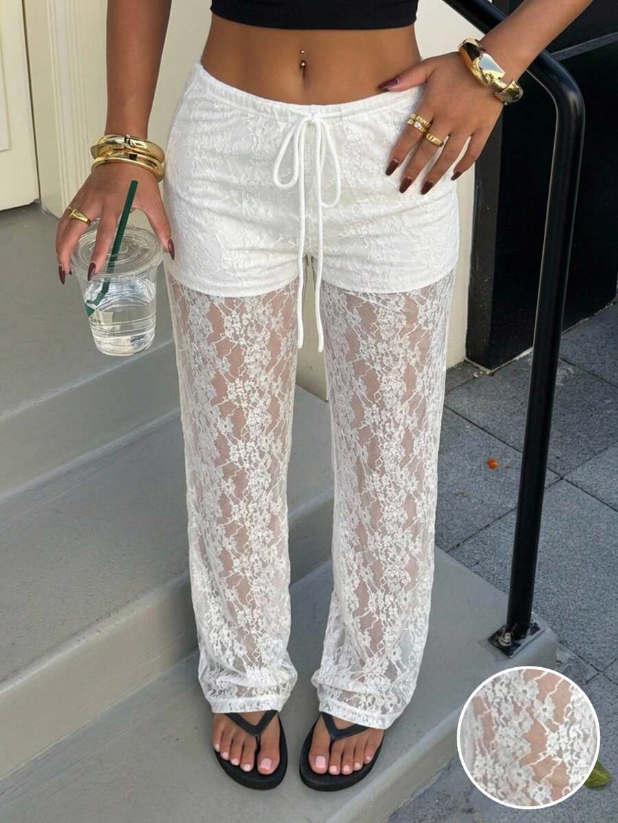 SHEIN EZwear Quần nữ màu trơn, có dây rút, kiểu dáng rộng rãi, thoải mái, phối ren. - trắng - Xem 1