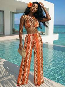 Slaydiva 早春新款，春夏音乐节，情人节，复活节，婚礼季，假日季，海滩度假，休闲，优雅，通勤，日常穿着，工作装，度假，派对，邮轮，派对，基础款，日常约会，比基尼上衣，吊带，露背短款背心+阔腿裤，超长裤，橙色波浪纹理面料套装，女士两件套 -G - 彩色 - 查看 3