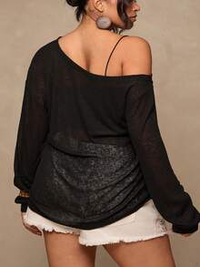 SHEIN CURVE+ Plus Size Casual Asymmetrical Shoulder Knit Top, Versatile All-Match T-Shirt For Autumn/Winter - Black - View 2