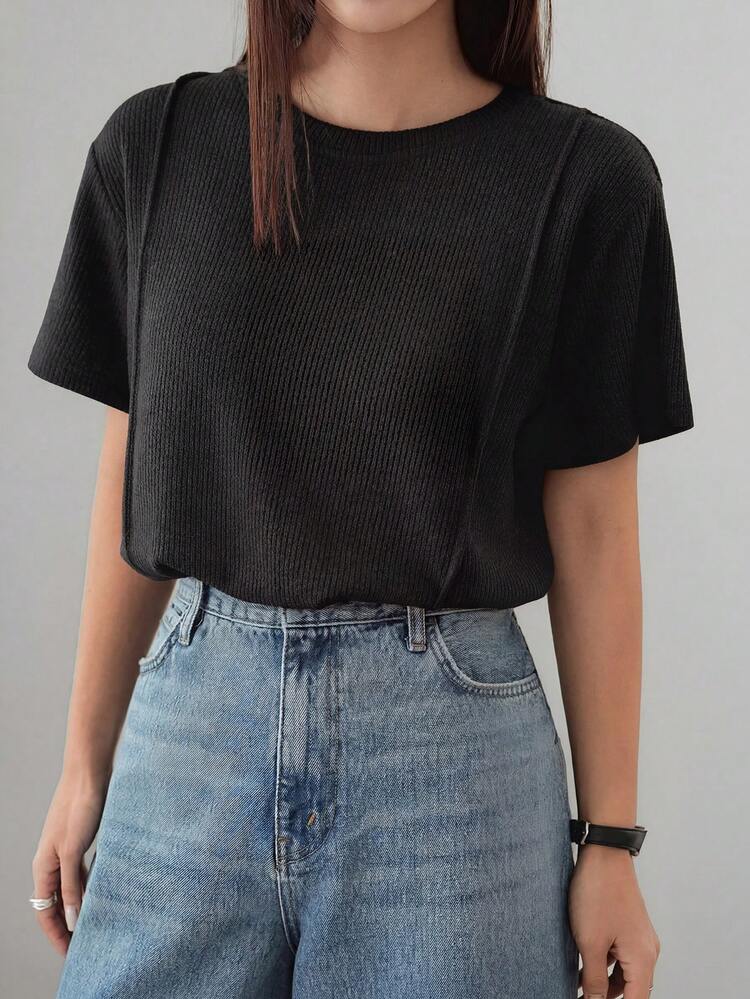 Women's Textured Black Casual/Business Loose Fit Short Sleeve T-Shirt, Suitable For Spring And Summer, Fashionable For Office And Street Wear