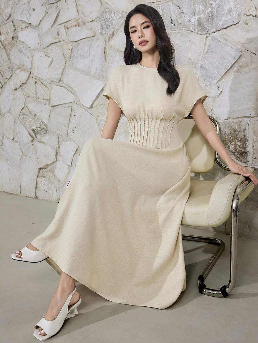 Heiryn Đầm midi xếp ly thắt eo mùa hè, đầm thanh lịch để đi làm. - Màu Khaki - Xem 1