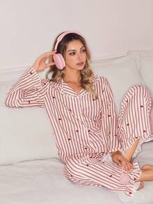 Striped Heart Print Sweet Ruffled Collar Long Sleeve Women Pajama Set - Red - View 6
