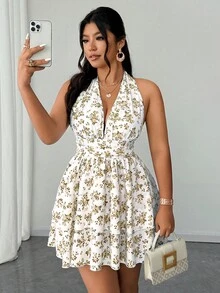 Elenzga 2025新款大码女装时尚优雅日常旅行春夏面料撞色印花V领无袖修身百搭连衣裙 - 彩色 - 查看 1
