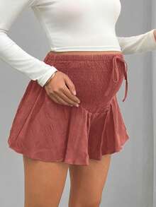 SHEIN Maternity Summer Casual Solid Color Elastic Waist Ruffle Hem Shorts - Dusty Pink - View 3