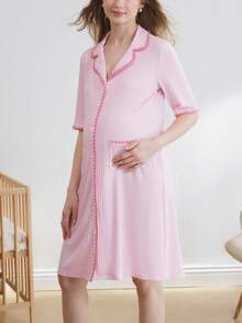 Camisón de maternidad de enfermería holgado con cuello de solapa y ribete de contraste, para verano - Rosa - Ver 3