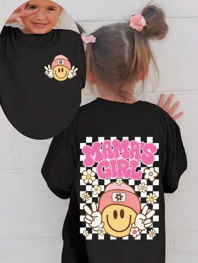 Young Girls Casual Comfortable Fashion Cute Personalized Letter Checkerboard Floral "MAMA'S GIRL" Print Relaxed Fit Short Sleeve T-Shirt, Suitable For Spring/Summer Daily Wear And