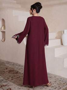 Al Najma Đầm maxi dài tay xẻ tà, dáng rộng, sang trọng, thêu và đính cườm, phong cách truyền thống Thổ Nhĩ Kỳ và Ả Rập. - Màu Đỏ Sâu - Xem 2