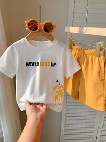 SHEIN 2pcs/Set Baby Boy/Girl White Summer Graphic Beach Outfit,Letter Print Crew Neck Top T-Shirt&Elastic Waist Shorts Set,Casual Sports Streetwear Style - Multicolor - View 4
