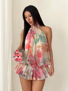 SHEIN PETITE Đầm ngắn màu vàng nhạt thanh lịch dành cho nữ, kiểu cổ yếm, buộc dây, thích hợp cho mùa hè, đi nghỉ mát, họa tiết hoa. - Nhiều màu - Xem 4