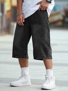 Manfinity EMRG Plus Size Men's Casual Loose Fit Denim Wide Leg Shorts With Slant Pockets - Grey - View 7