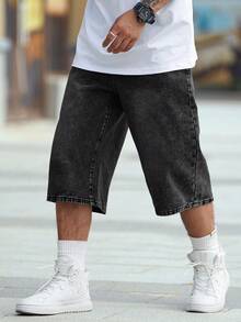 Manfinity EMRG Plus Size Men's Casual Loose Fit Denim Wide Leg Shorts With Slant Pockets - Grey - View 8