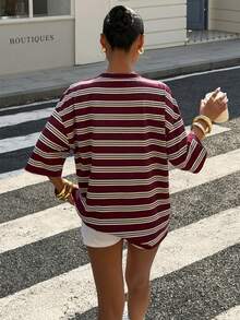 Muchica Áo thun nữ tay ngắn dáng rộng kẻ sọc màu đỏ tía, bộ sưu tập mùa hè mới. - Nhiều màu - Xem 2