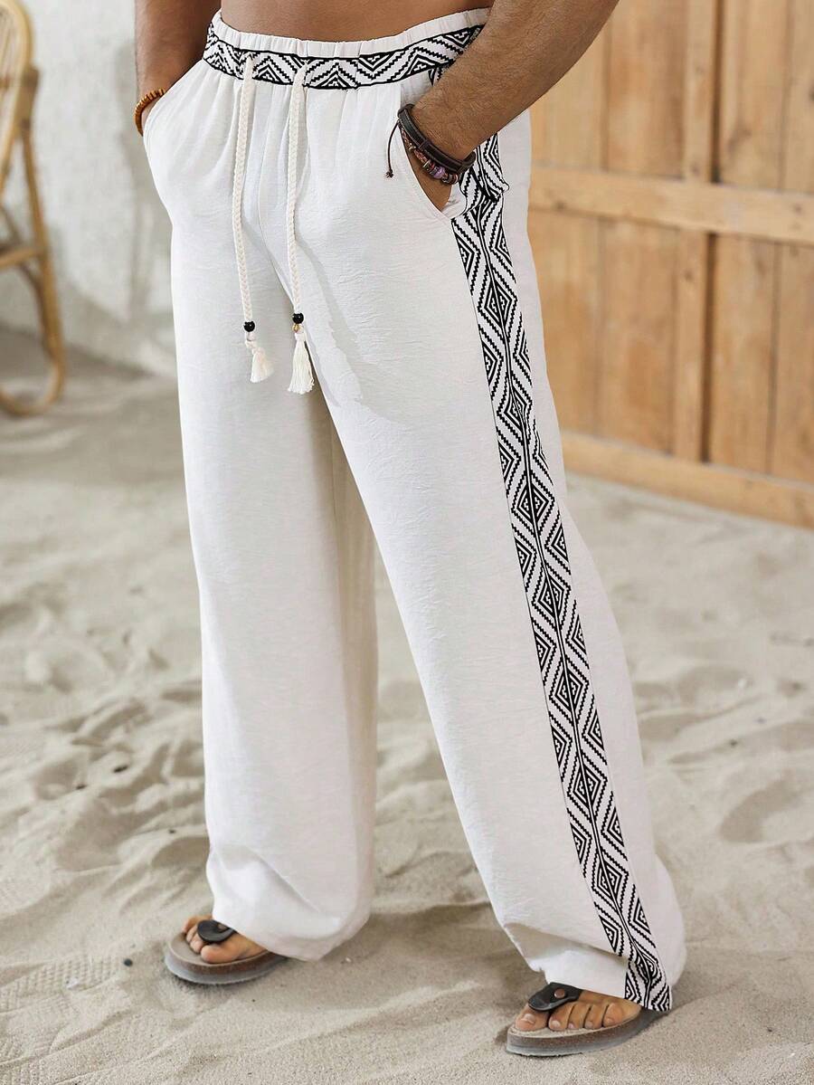 VENTUSAIL Men's Fashionable Casual Drawstring Waist Pockets Pants - White - View 1